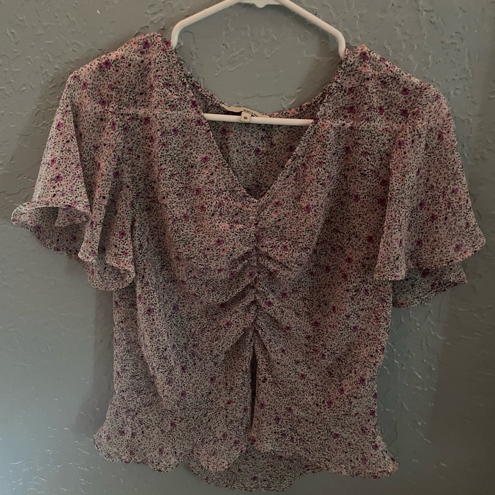 June & Hudson Floral Ruched Blouse - Pink and White